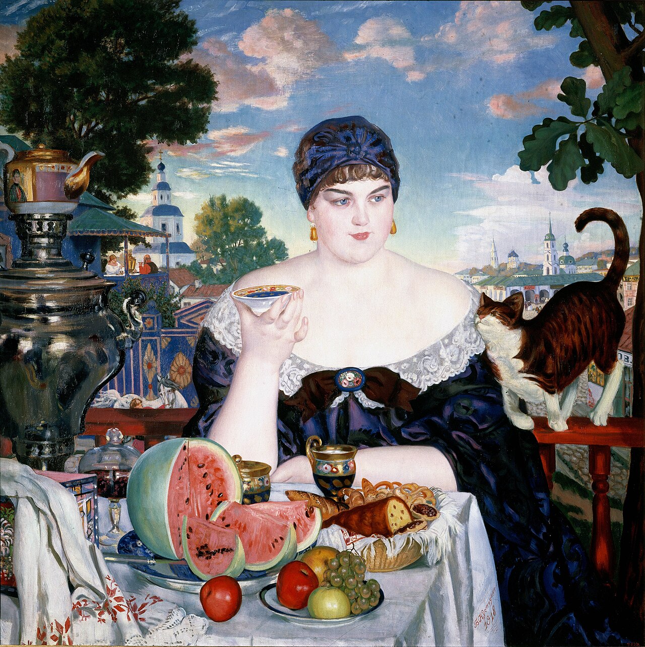 Борис Кустодиев. «Купчиха за чаем», 1918 — самовар, арбуз, кот и купола, праздник избыточности